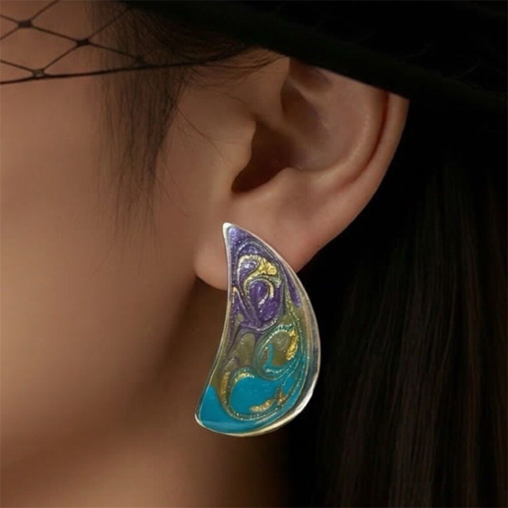 Vintage Enamel Teardrop Earrings Gold Tone Purple Green Blue Abstract Art - Picture 2 of 16